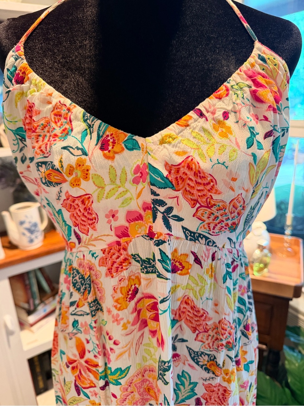 Old Navy White Strapless Floral Maxi Dress with Pink & Teal Print